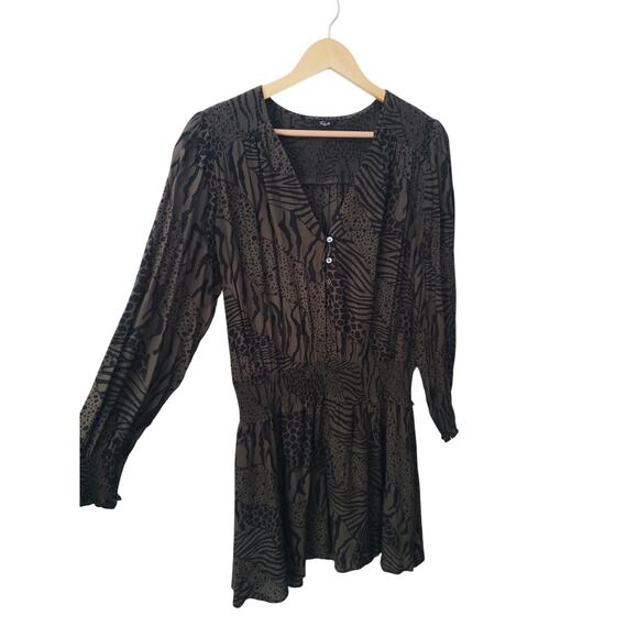 Rails Zana Animal Print Smocked Waist Mini Dress Olive Green Size Large - Picture 2 of 10
